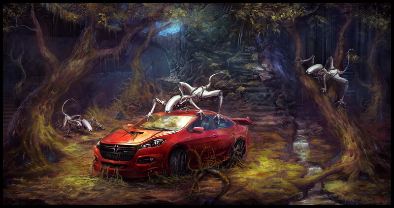 Red Car in Forest — Dramatic, Night, Digital Art
