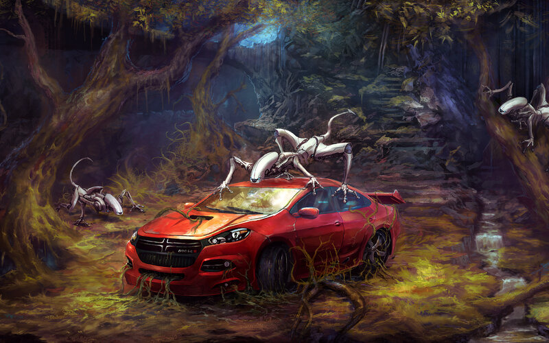 Red Car in Forest — Dramatic, Night