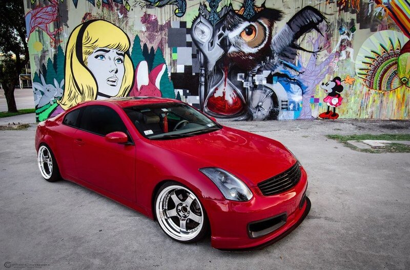 Red car in front of graffiti wall