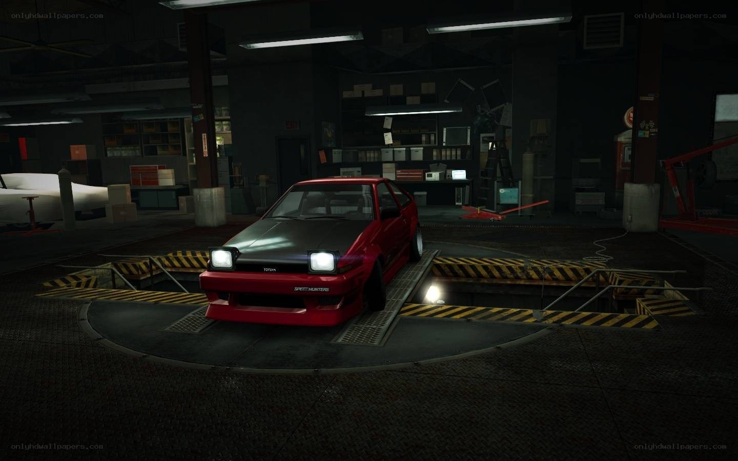 red car in garage