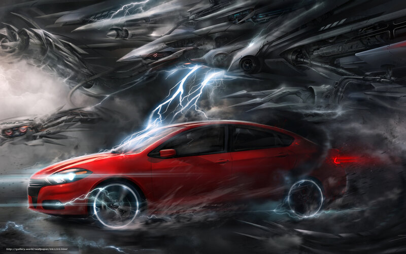 Red car in lightning storm