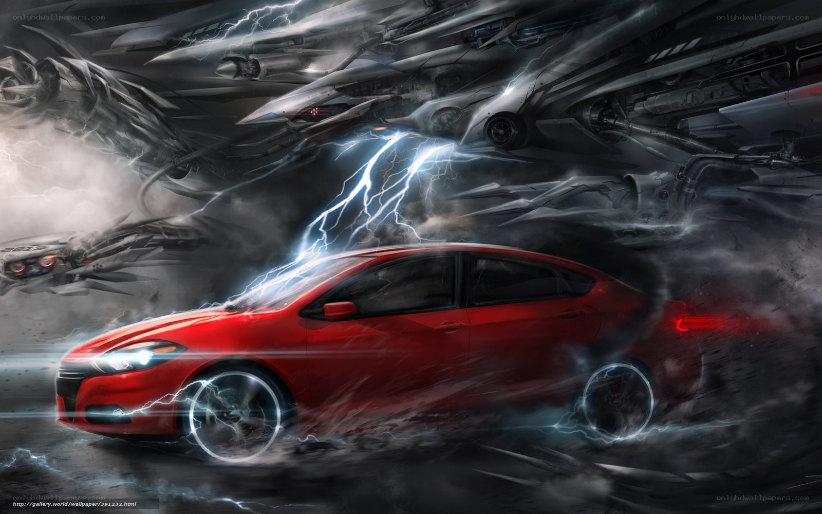 Red car in lightning storm