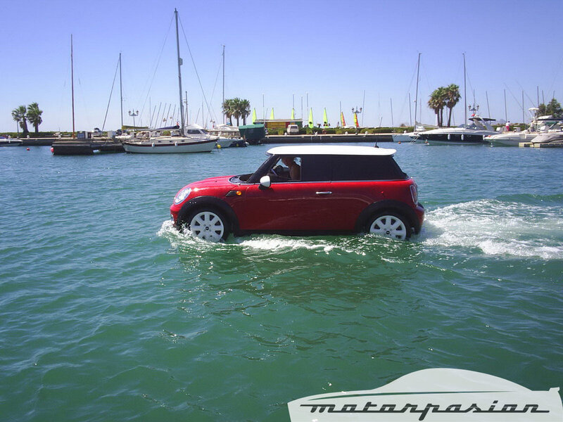 Red car in marina water