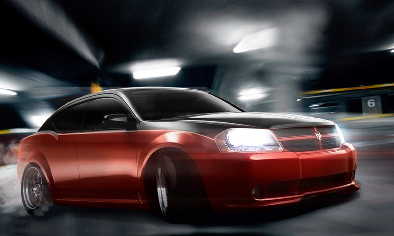 Red car in motion at night
