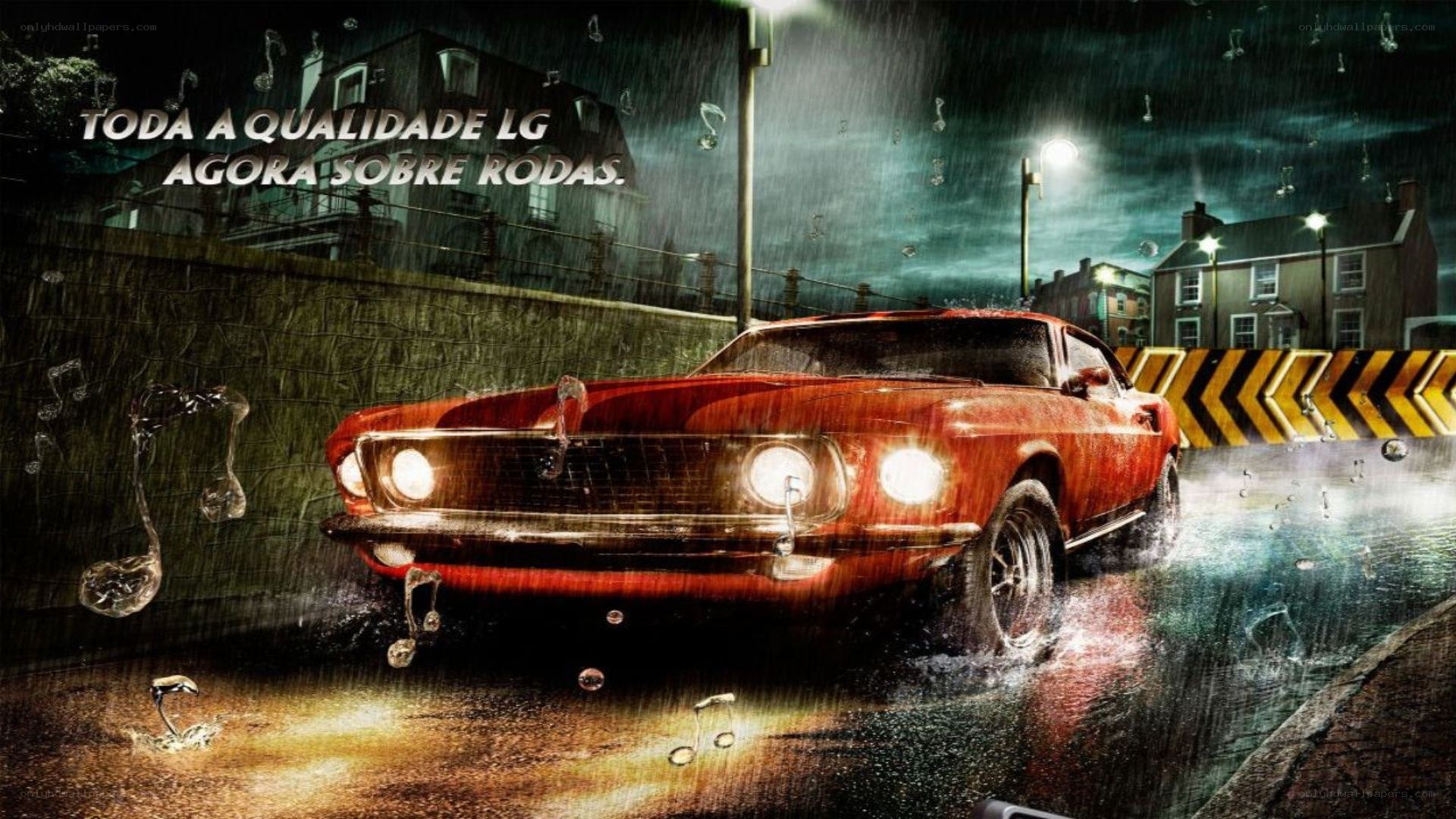 Red car in rainy city