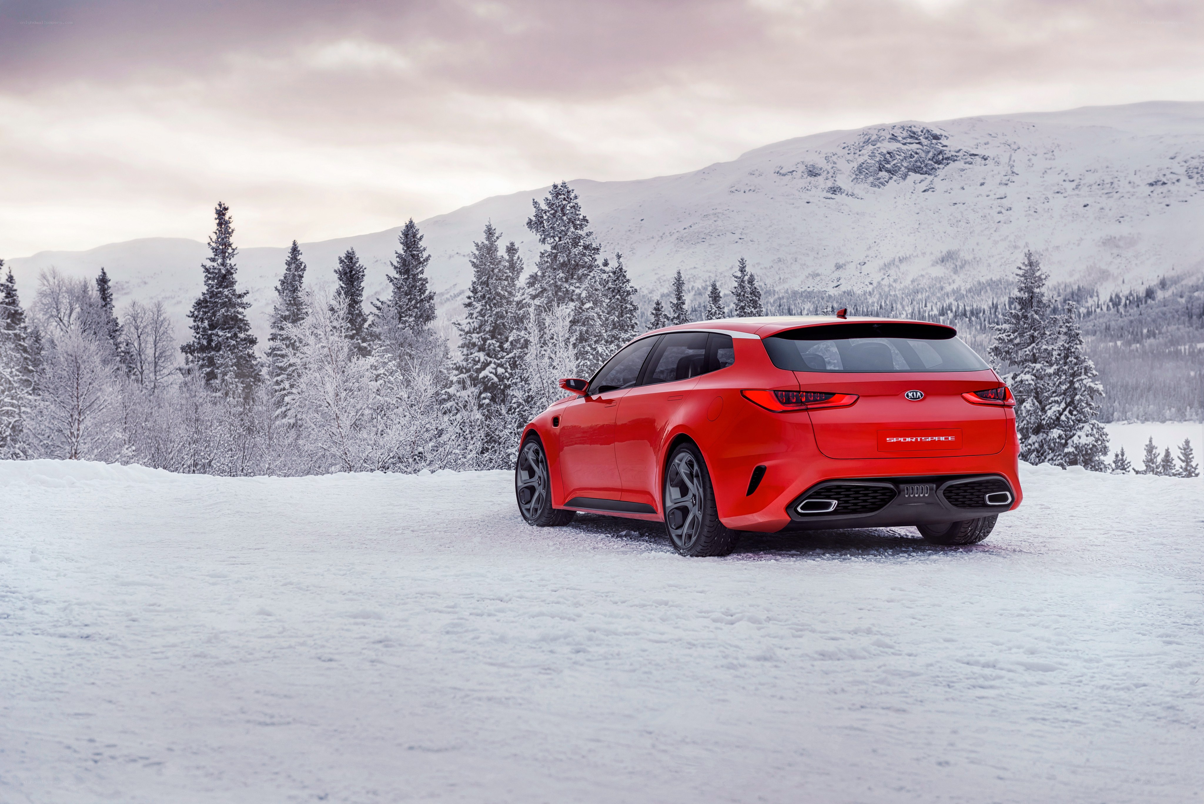 Red car in snowy landscape