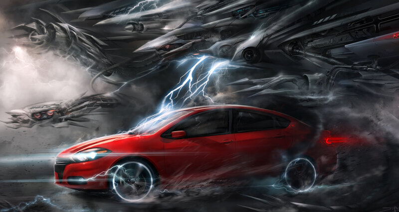 Red Car in Storm — Dramatic