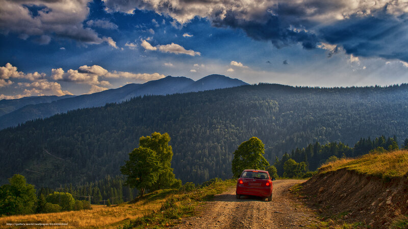 Red Car on Dirt Road — Blue, Dramatic, Afternoon