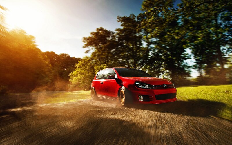 Red Car on Dirt Road — Dynamic, Afternoon