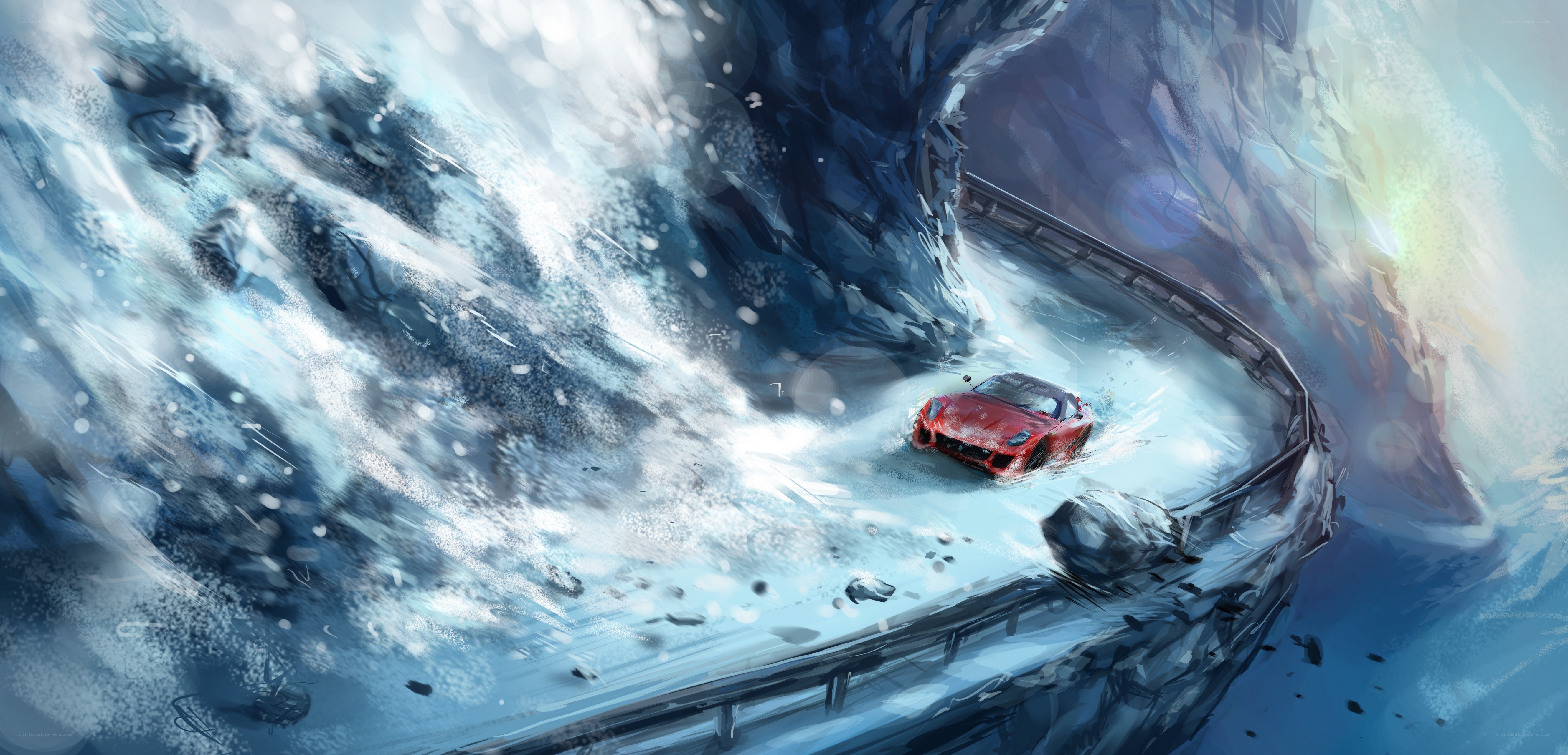Red car on icy mountain road