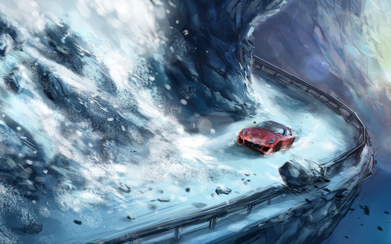 Red car on icy mountain road