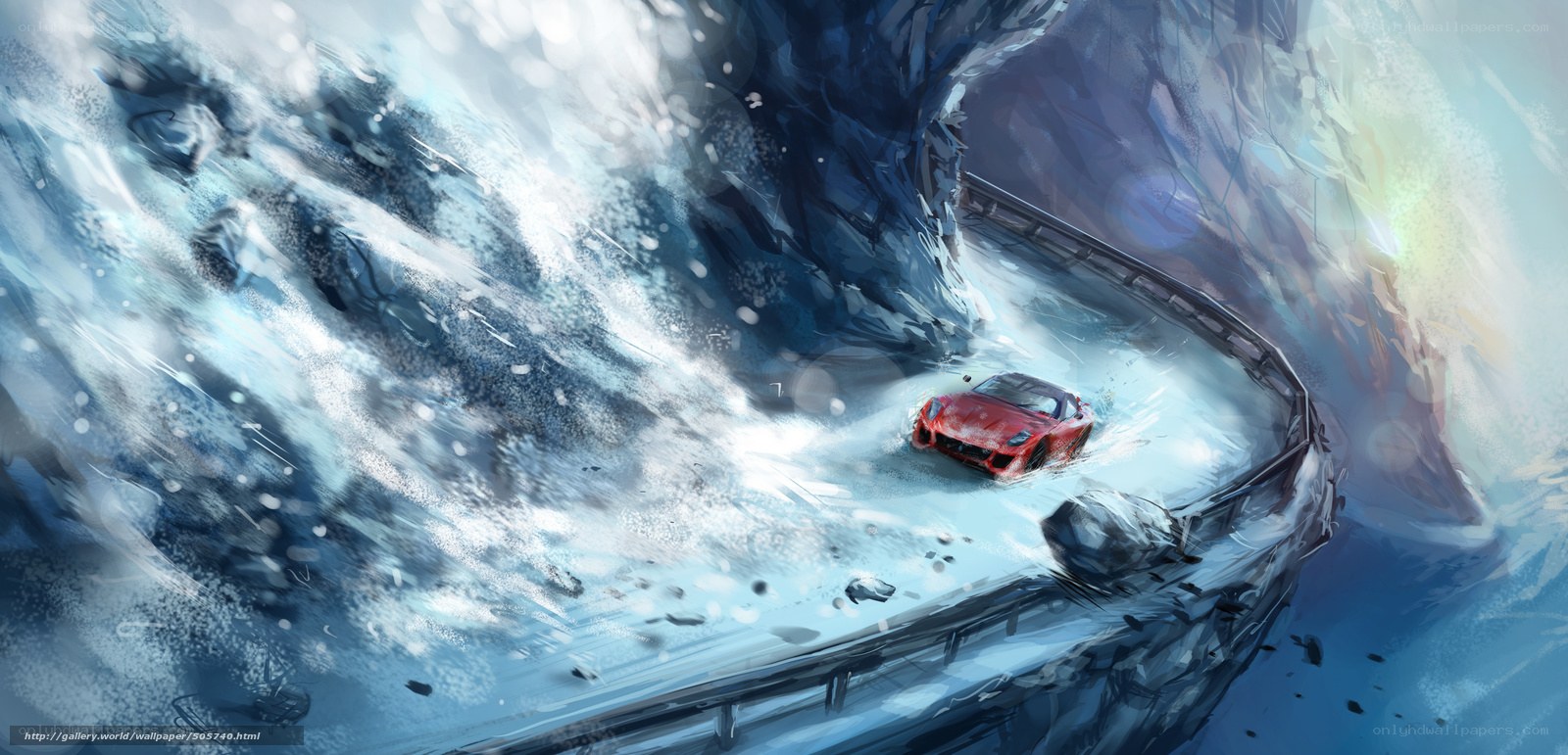 Red car on icy mountain road