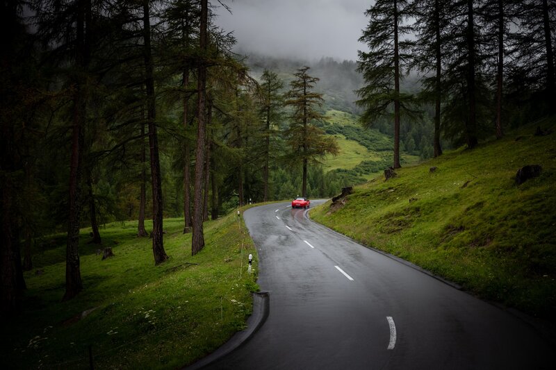 Red Car on Mountain Road — Green
