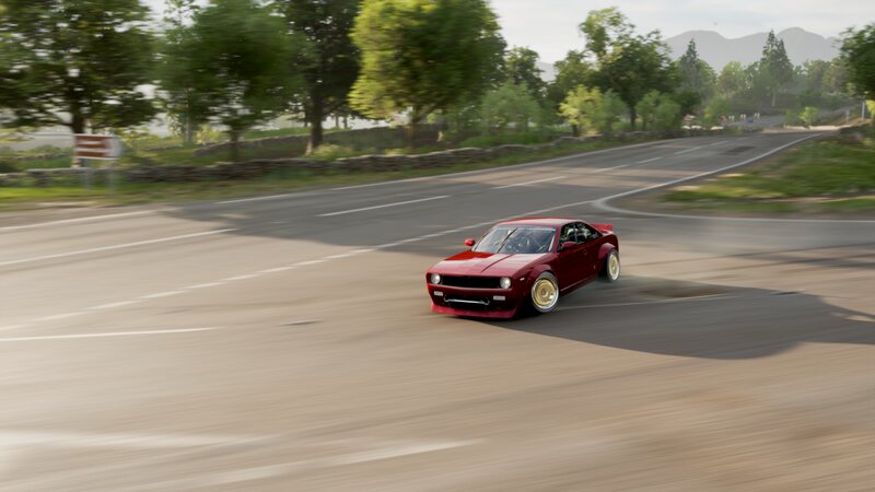 Red Car on Road — Dynamic, Afternoon, 3d Render, Trees