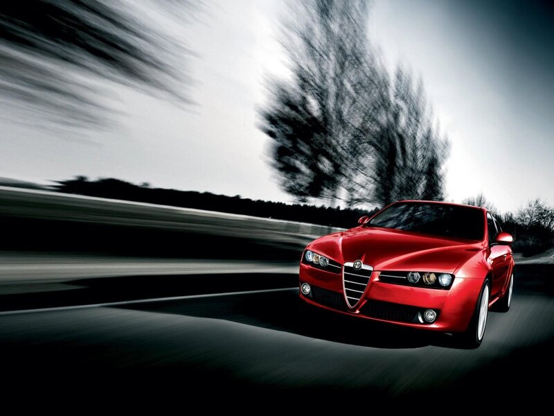 Red Car on Road — Dynamic, Photograph, Trees