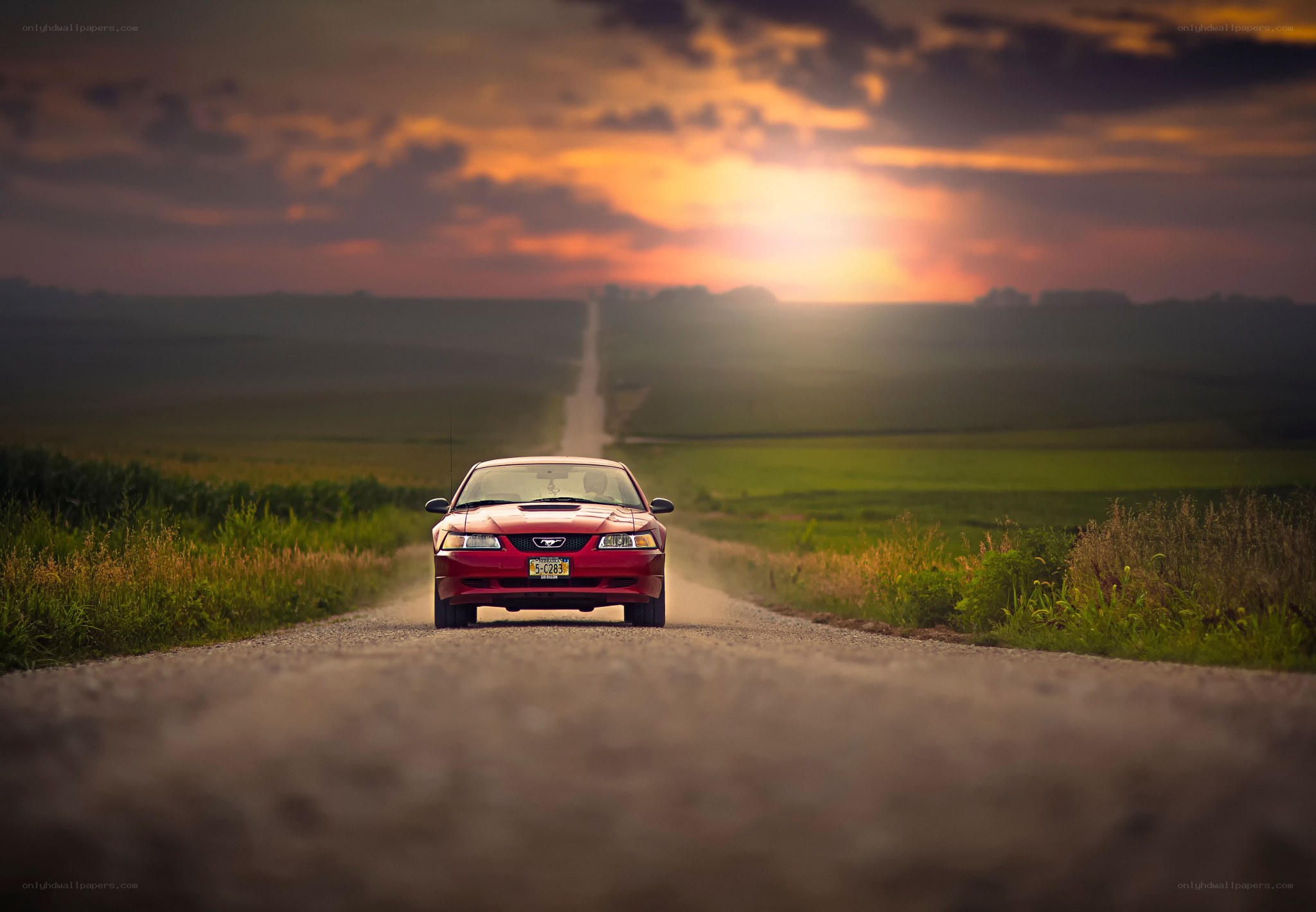 Red car on rural road at sunset
