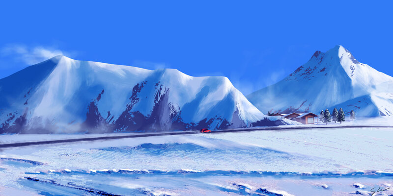 Red Car on Snowy Road — Blue