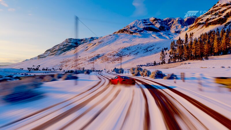 Red Car on Snowy Road — White, Dynamic
