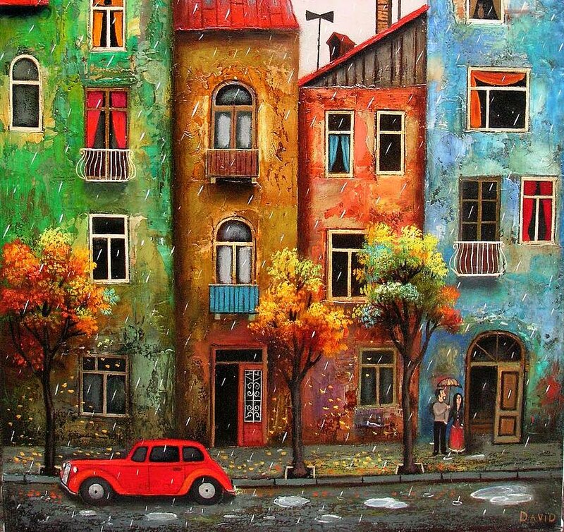 Red Car on Street — Rainy