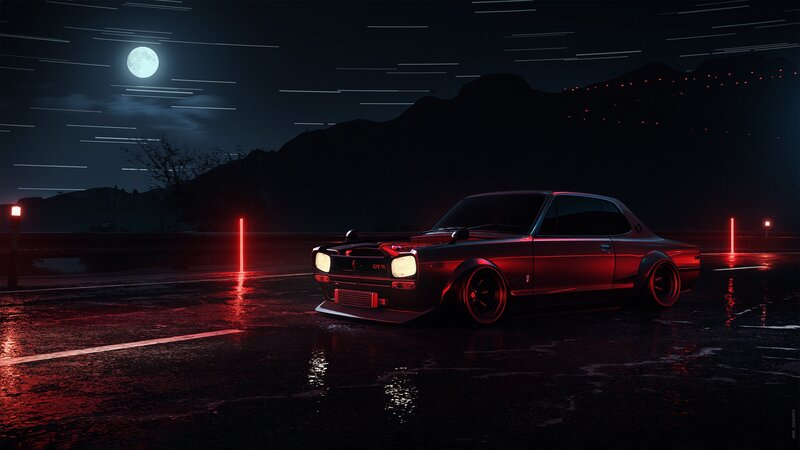 Red Car on Wet Road — Black