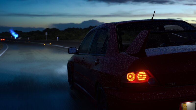 Red Car on Wet Road — Dark, Dramatic