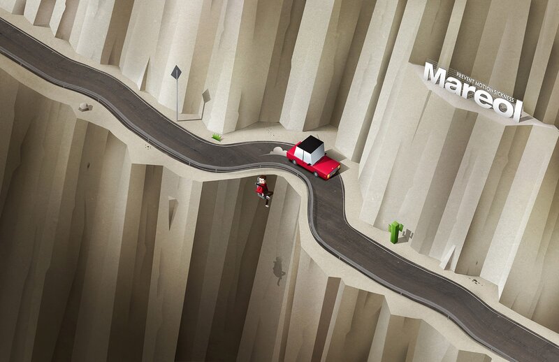 Red Car on Winding Road — Beige