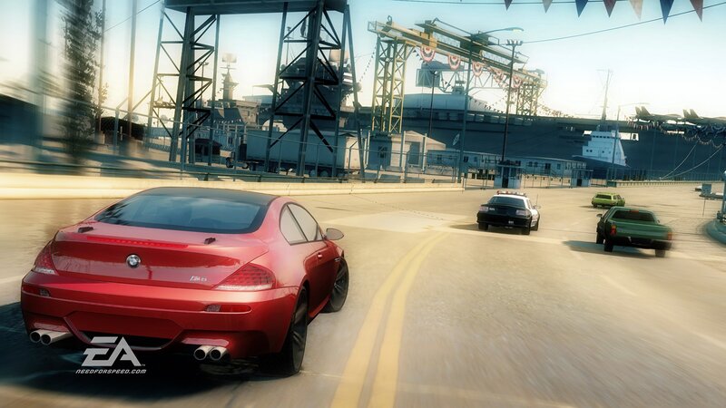 Red car racing on dock