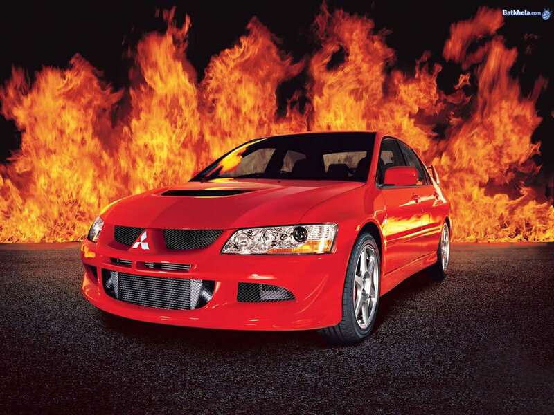 Red car with fire background