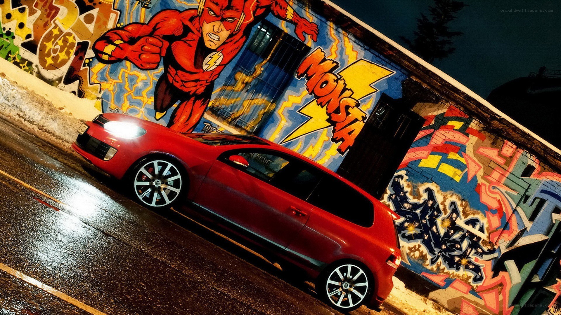 Red car with Flash mural