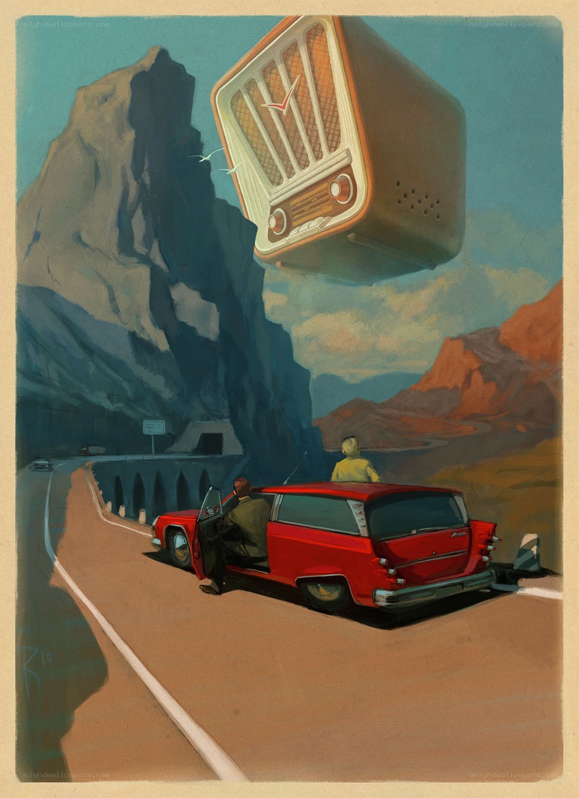 Red car with floating radio