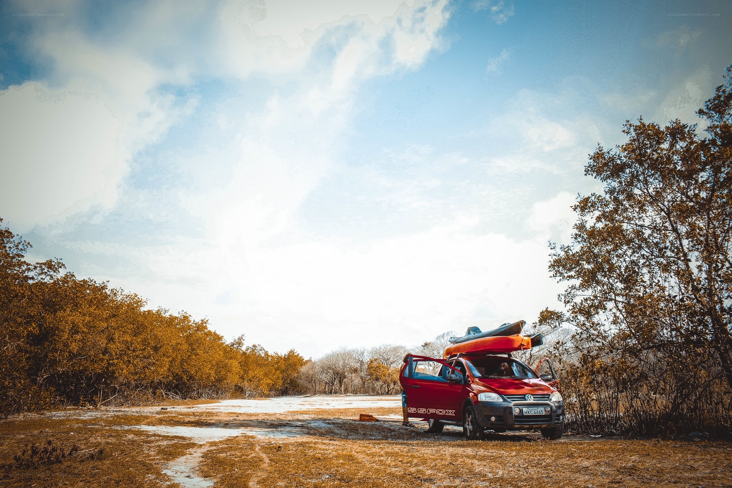 Red car with kayak in nature