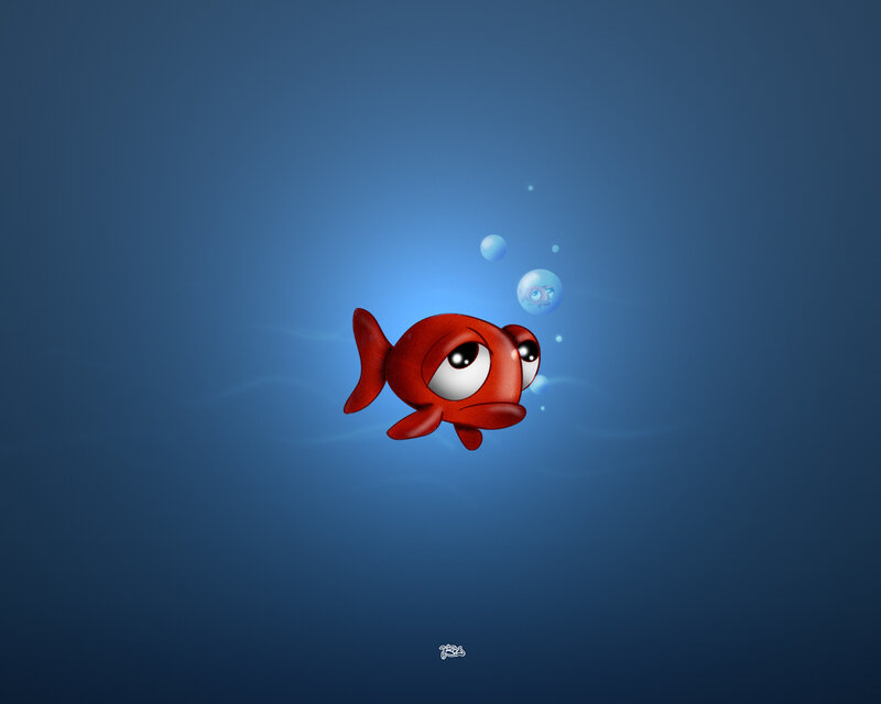 Red Cartoon Fish — Blue, Calm, Digital Art, Bubbles, Underwater