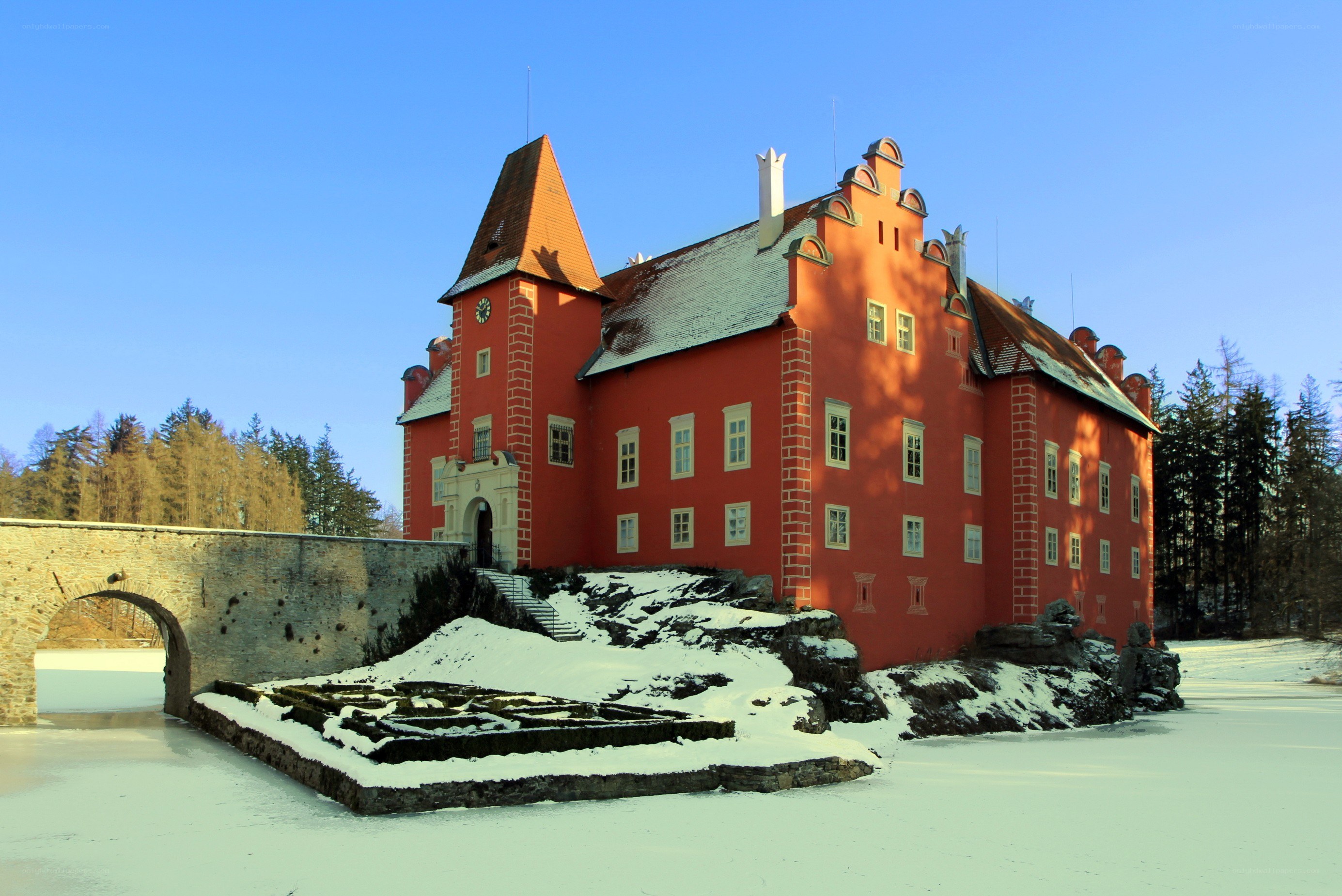 Red castle in winter