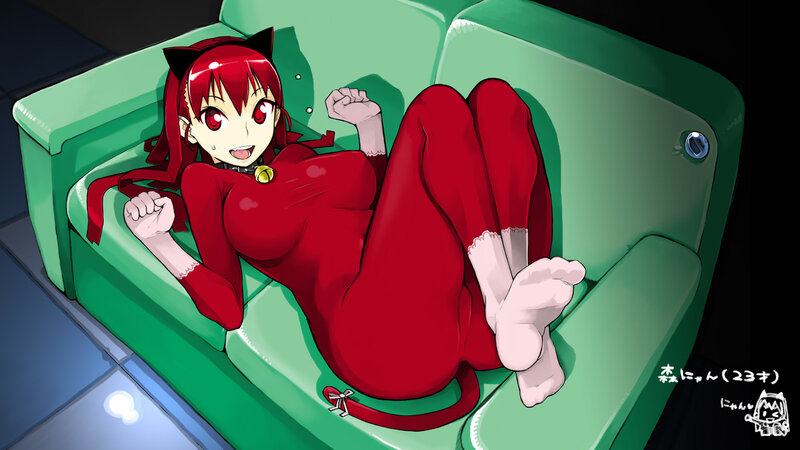 red cat girl on green couch