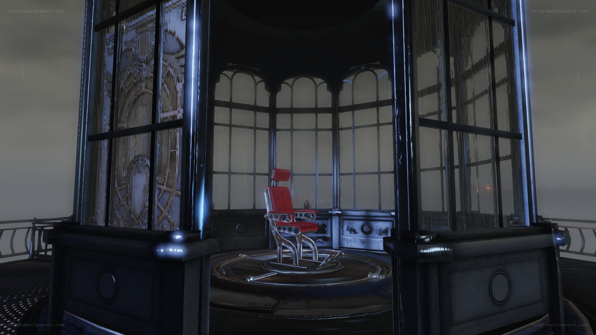 red chair in glass chamber