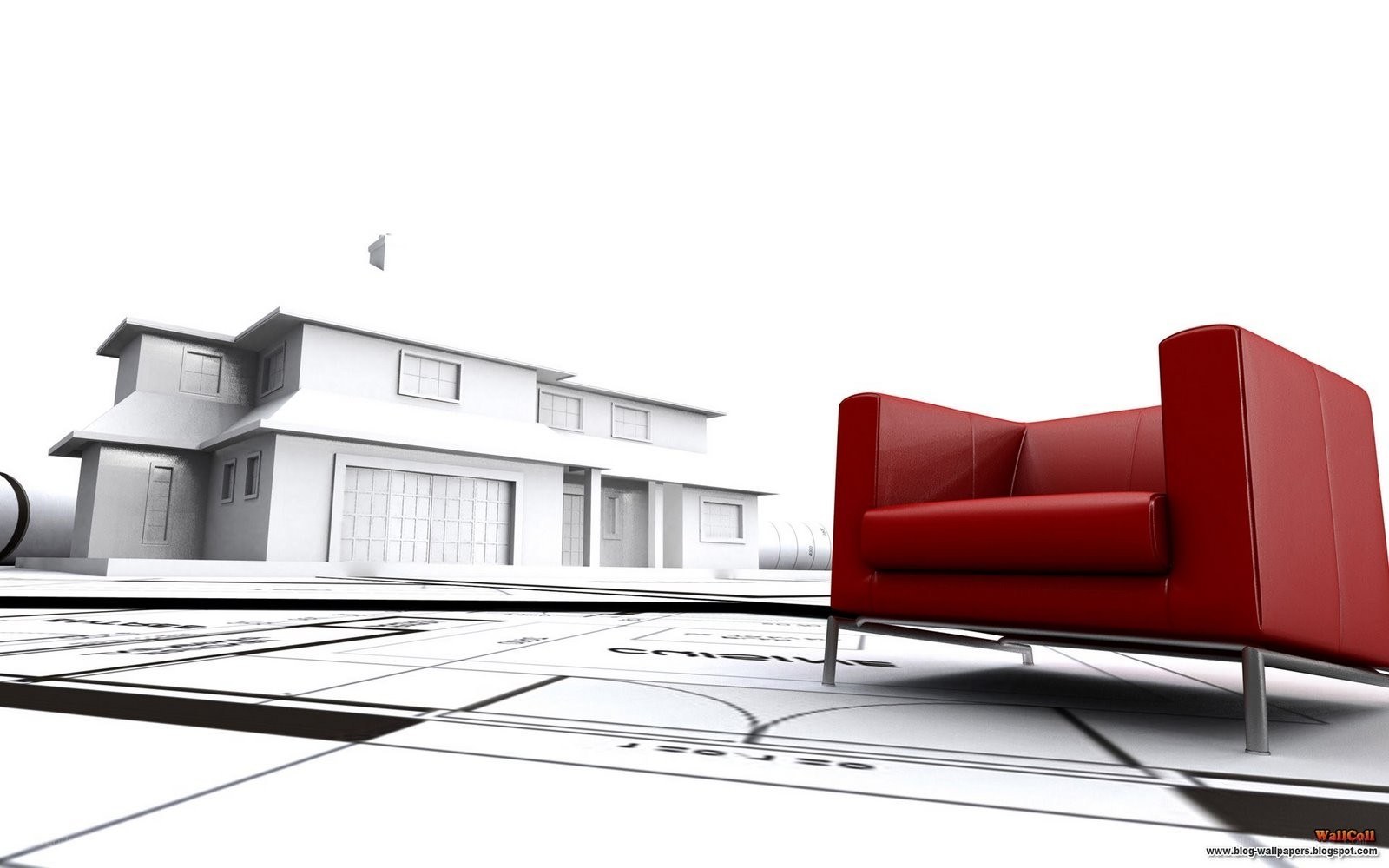 Red chair on blueprint