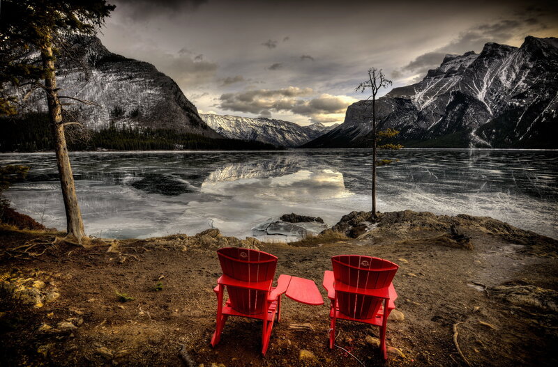 Red Chairs by Lake