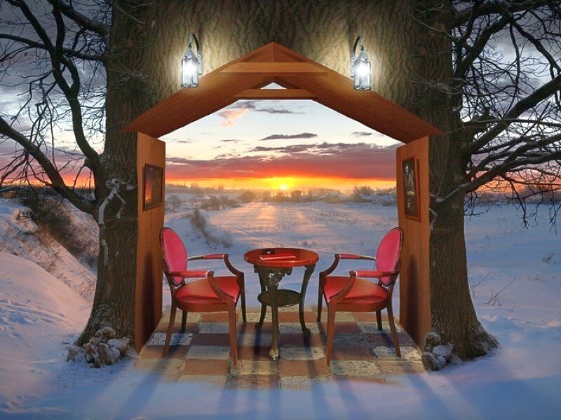 Red Chairs in Snow — Serene