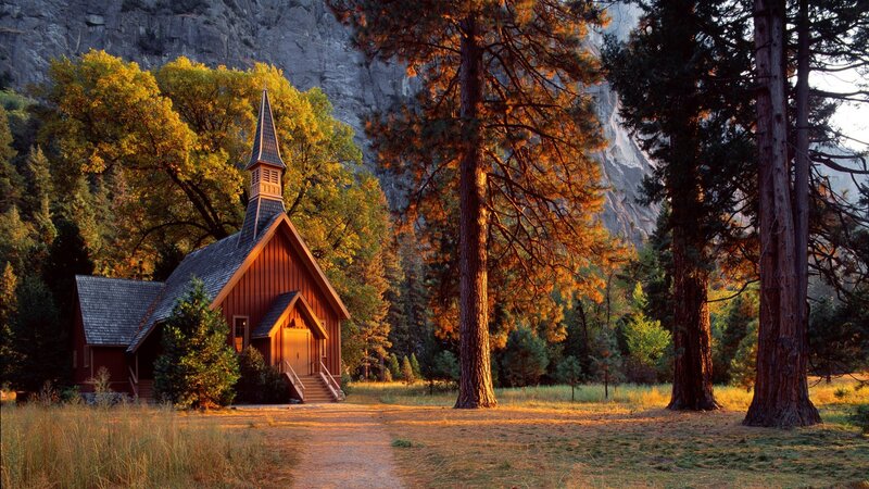 Red Chapel in Forest — Brown, Serene