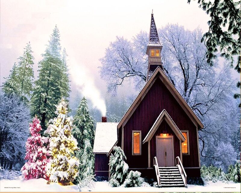 Red Chapel in Snow — Serene, Winter, Digital Art
