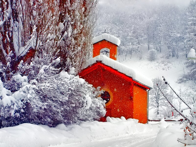 Red Chapel in Snow — Serene, Winter, Photograph