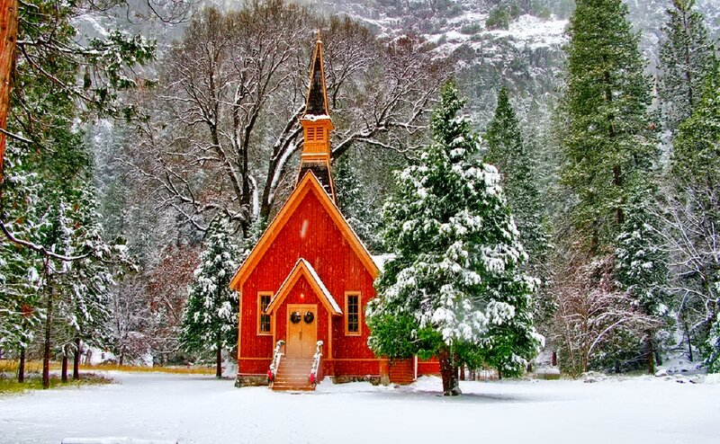 Red Chapel in Snow — Serene, Winter