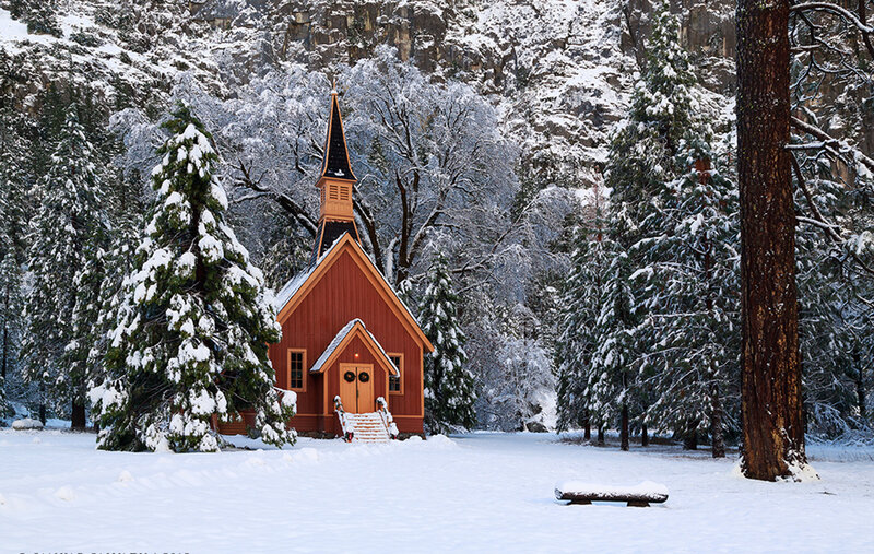 Red Chapel in Snow — White, Serene