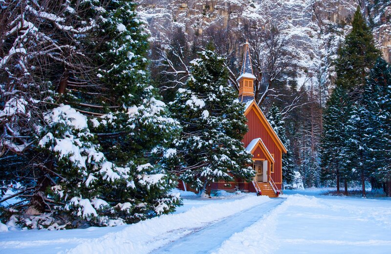 Red Chapel in Snow — White, Serene, Winter