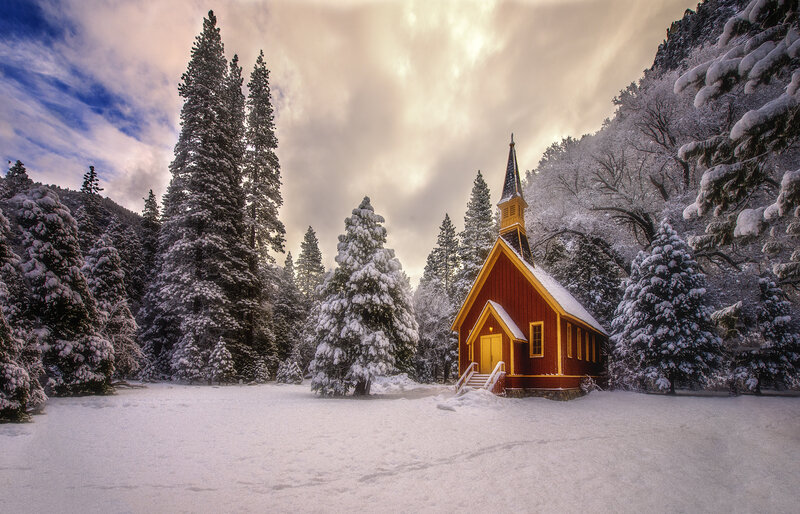Red Chapel in Snow — White