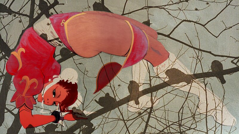 Red character in a tree