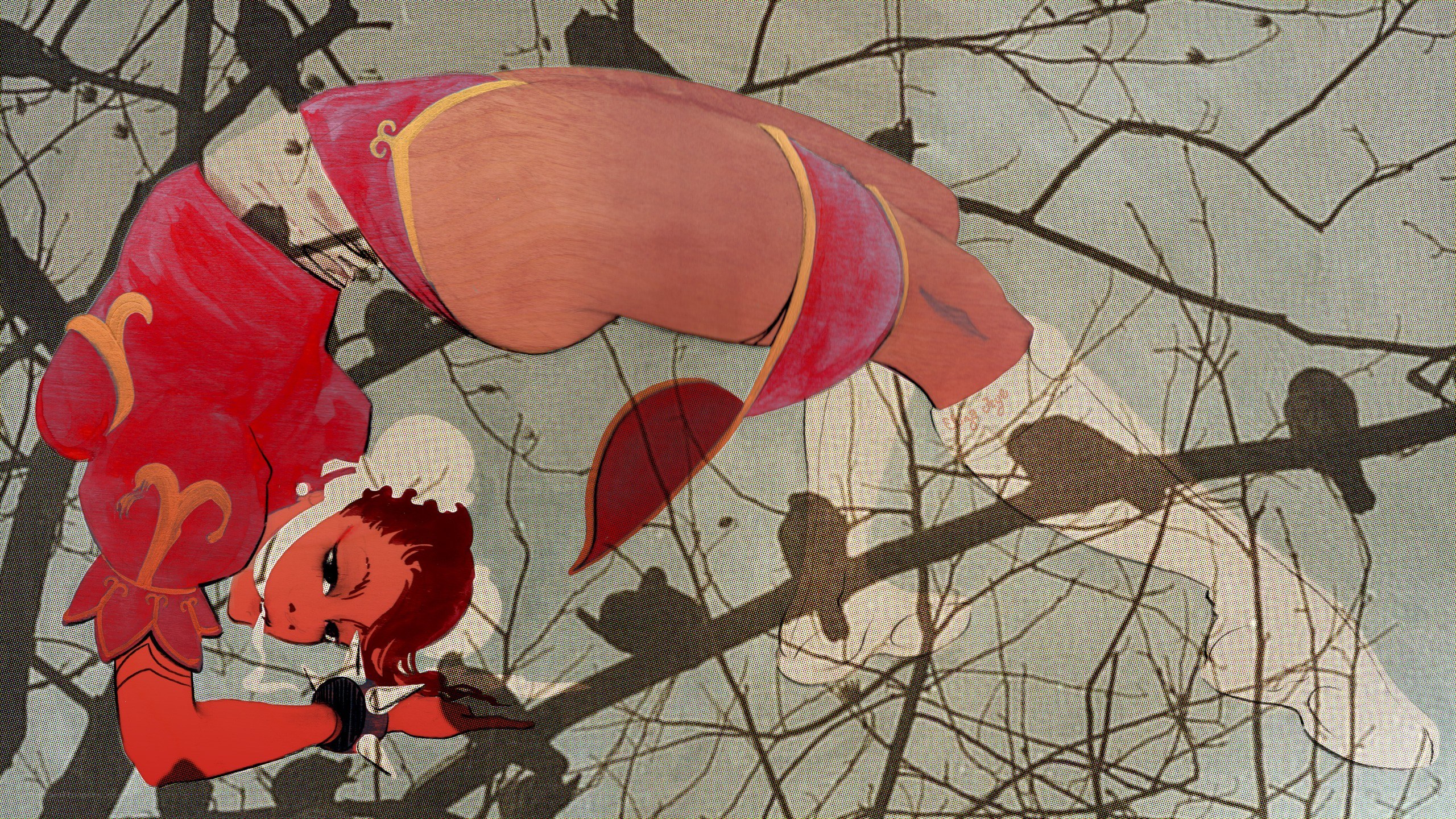Red character in a tree
