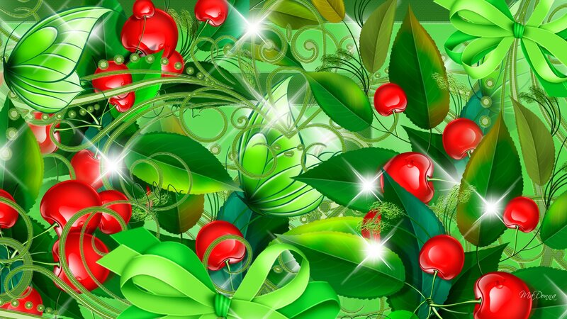 Red Cherries and Green Leaves