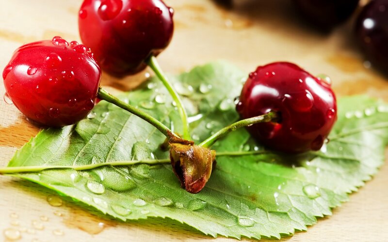 Red Cherries on Leaf