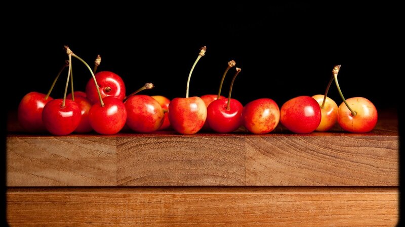 Red Cherries on Wood — Dramatic